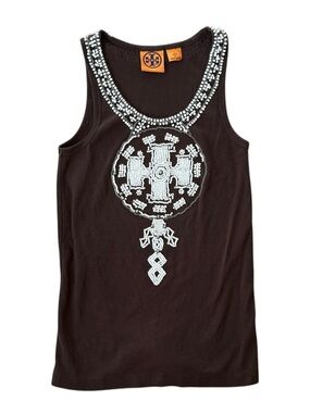 Tory Burch Beaded Tank Top Brown Size Small Y2K Style Cotton MISSING BEADS